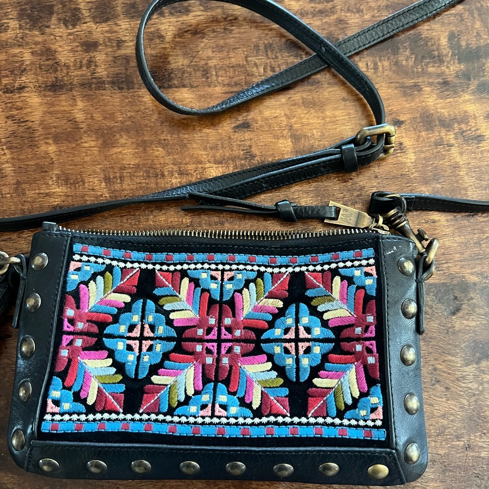 Johnny Was Black Embroidered Crossbody Bag with Multicolor Geometric Pattern